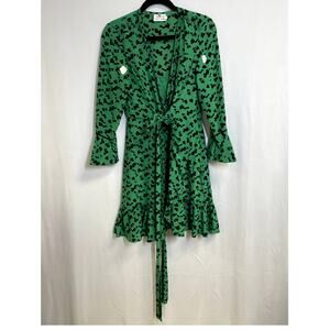 TANYA TAYLOR Green Silk Leopard Tie Waist Wrap Dress Ruffles 3/4 Sleeve Size 6
